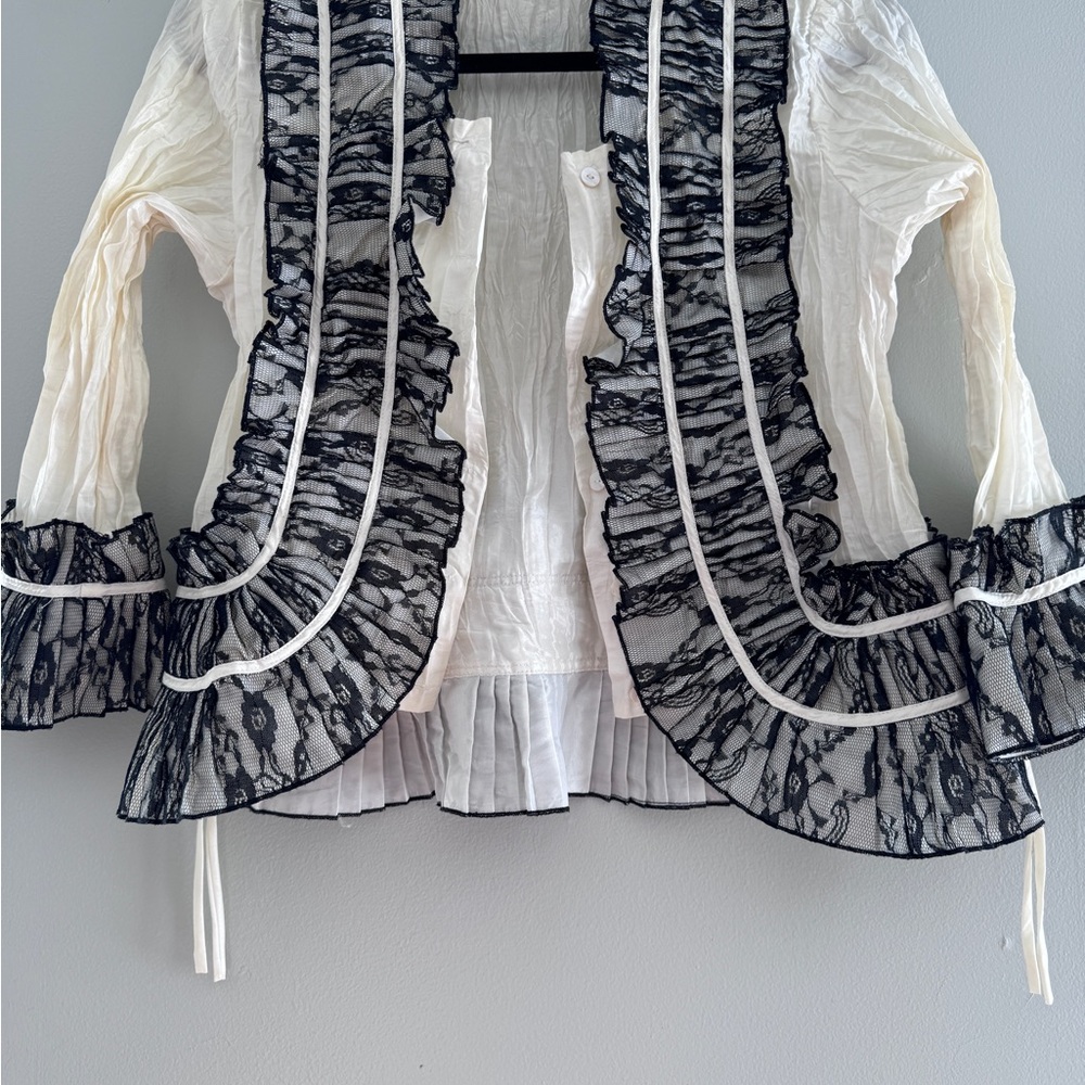 Chic White Blouse with Black Lace Trim